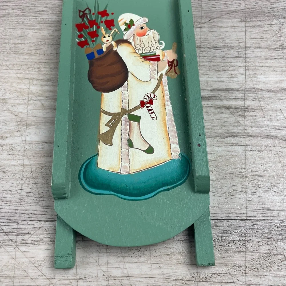 Vintage Wooden Christmas Sled Hand Painted Santa Claus Holiday Decor 10”